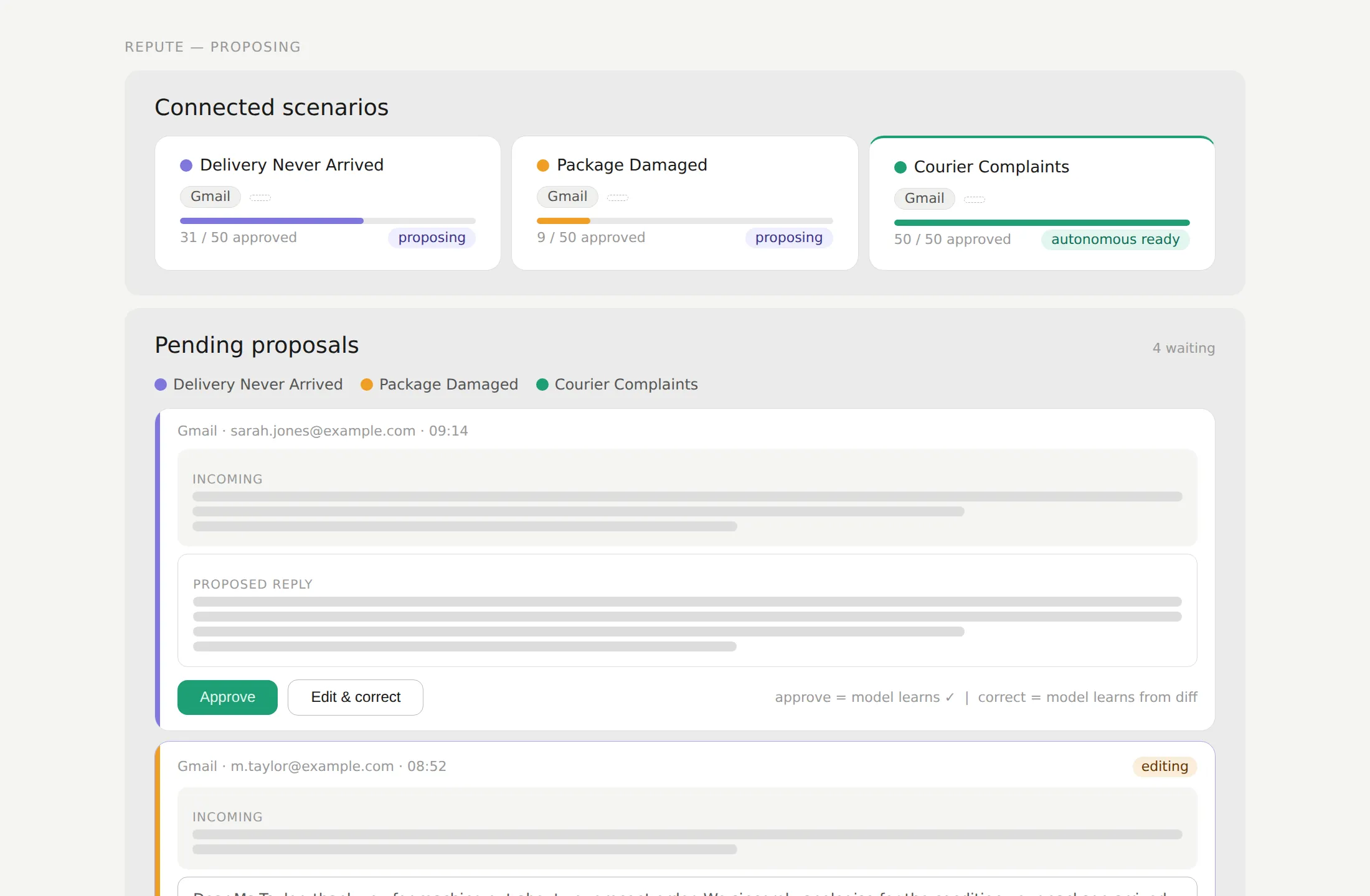 Repute screen: proposed replies waiting for Approve or Edit & correct