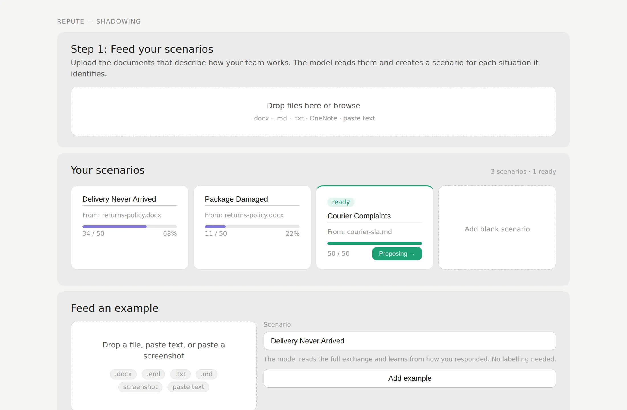 Repute screen: scenarios found in your documents, and a box to feed an example